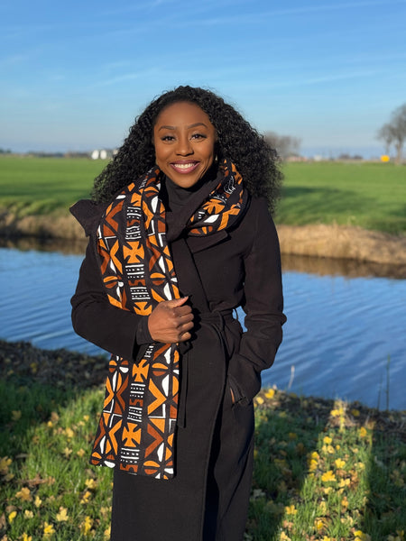 African print Winter scarf Unisex - Slim model - Brown Cross Bogolan