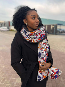 African print Winter scarf for Adults Unisex - Kente mud / white