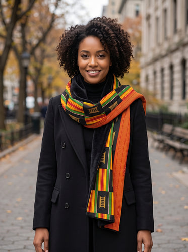 African print Winter scarf for Adults Unisex - Black Pan Africa Kente Print