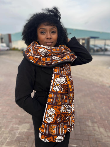 African print Winter scarf for Adults Unisex - Brown Patterns Bogolan