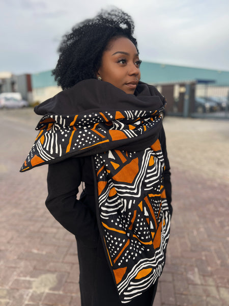 African print Winter scarf for Adults Unisex - Black / orange