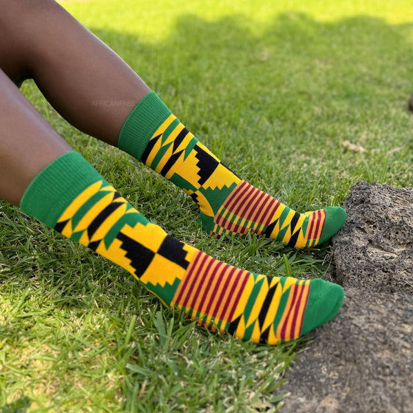 African socks / Afro socks / Set of 3 pairs - Green Kente KOFI