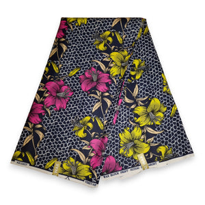 African print fabric - Pink Yellow Flowers - Polycotton