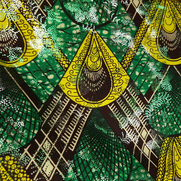 African Wax print fabric Osikani - Green peacock with SILVER effect