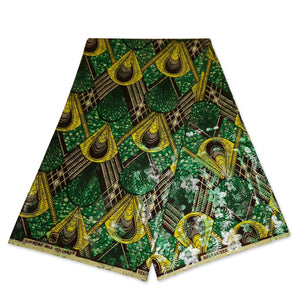 African Wax print fabric Osikani - Green peacock with SILVER effect