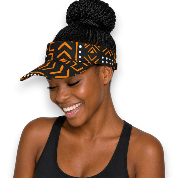 African print Sun visor cap - Black Orange Bogolan Symbols