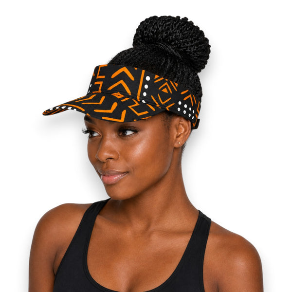 African print Sun visor cap - Black Orange Bogolan Symbols