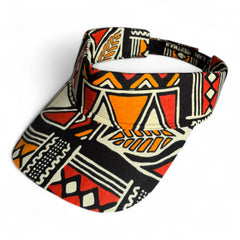 African print Sun visor cap - Red & Orange Bogolan Symbols