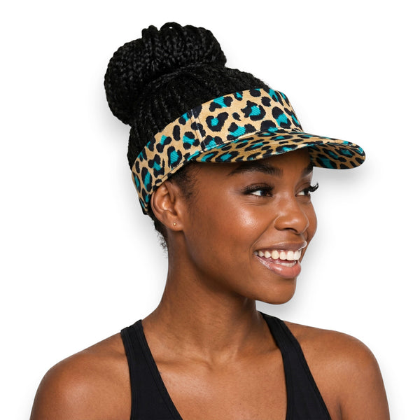 African print Sun visor cap - Beige Turquoise Leopard Spots