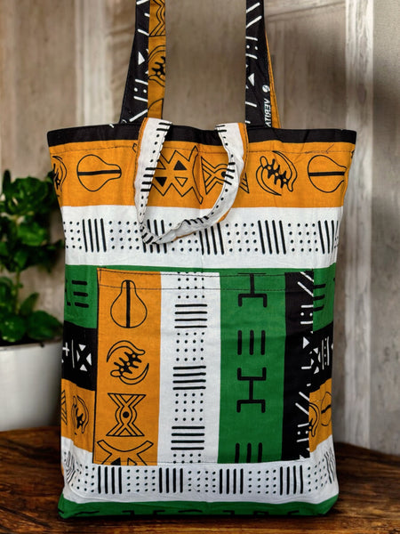 Shopper bag with African print - Green symbols bogolan - Reusable Cotton Tote Bag