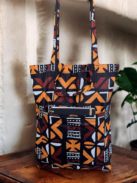 Shopper bag with African print - Brown Cross Bogolan - Reusable Cotton Tote Bag