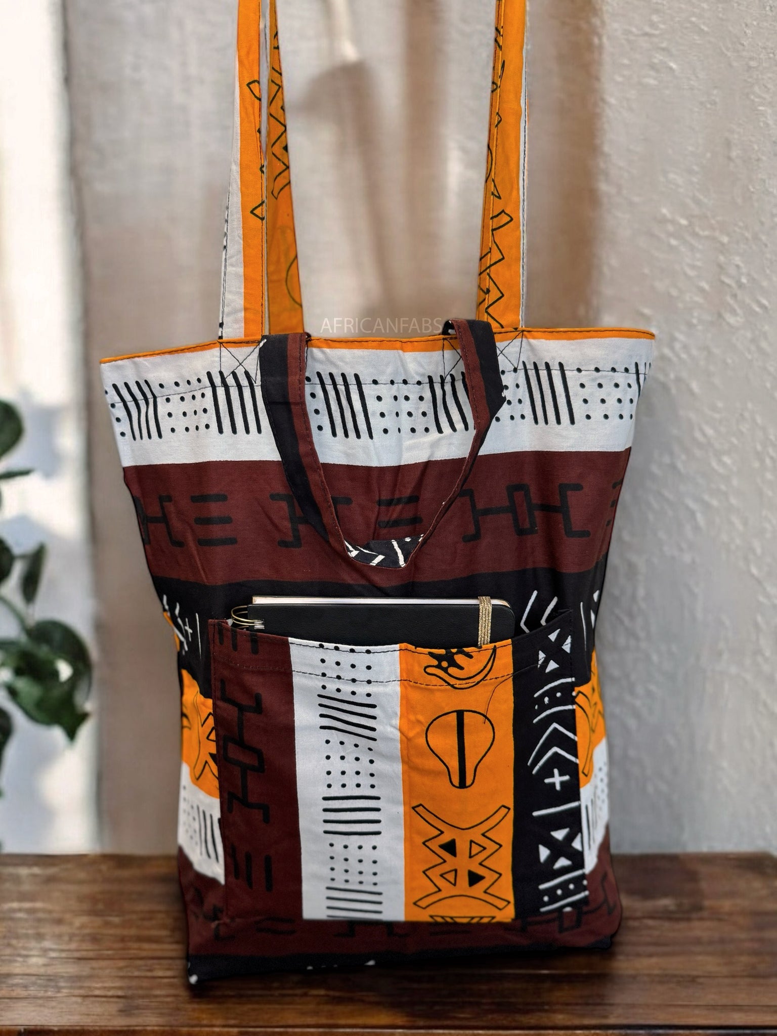 Shopper bag with African print - Dark Brown / Yellow Bogolan Symbols - Reusable Cotton Tote Bag