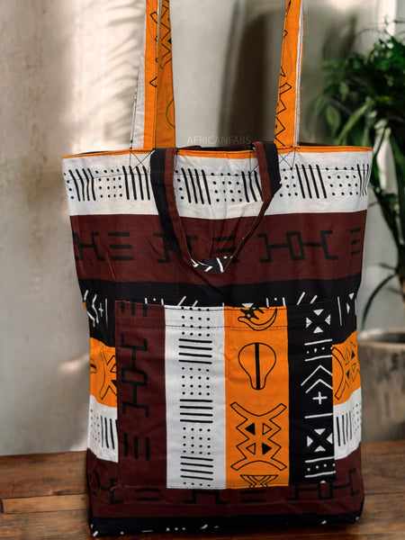 Shopper bag with African print - Dark Brown / Yellow Bogolan Symbols - Reusable Cotton Tote Bag