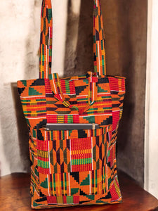 Shopper bag with African print - Orange Kente - Reusable Cotton Tote Bag