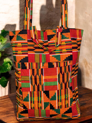 Shopper bag with African print - Orange Kente - Reusable Cotton Tote Bag