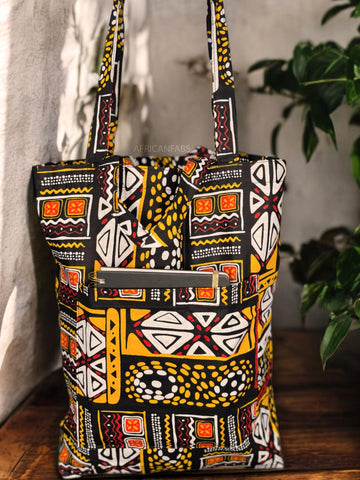 Shopper bag with African print - Yellow Bogolan - Reusable Cotton Tote Bag