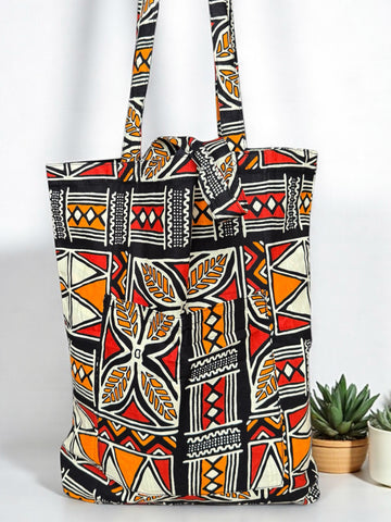 Shopper bag with African print - Orange - Reusable Cotton Tote Bag