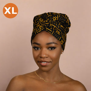 XL Easy headwrap - Satin lined hair bonnet - Black / yellow bogolan