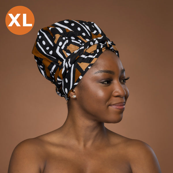 XL Easy headwrap - Satin lined hair bonnet - Brown Black Bogolan