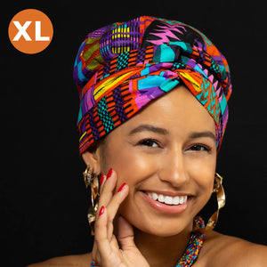 XL Easy headwrap - Satin lined hair bonnet - Blue / pink kente