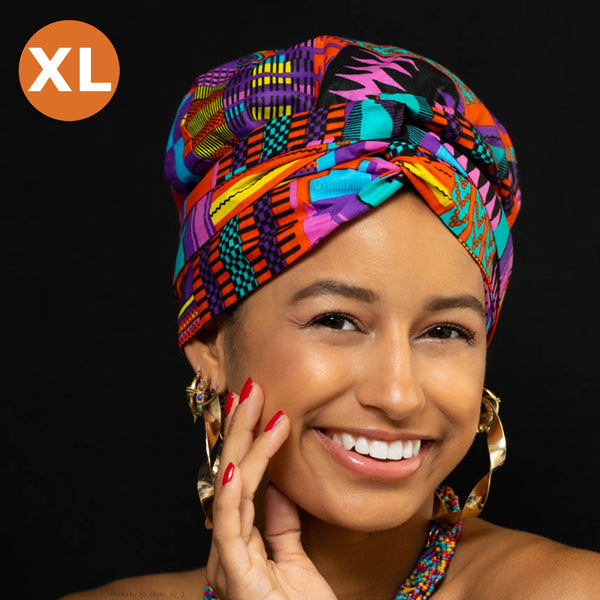 XL Easy headwrap - Satin lined hair bonnet - Blue / pink kente
