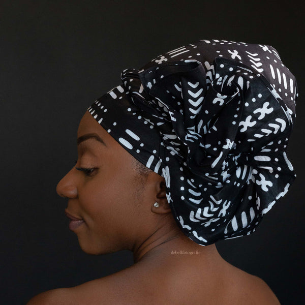 XL Easy headwrap - Satin lined hair bonnet - Black bogolan