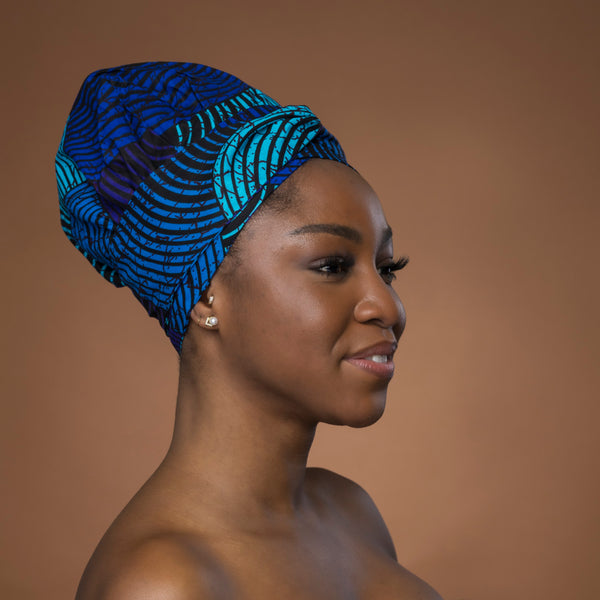 XL Easy headwrap - Satin lined hair bonnet - Blue Turquoise Concentric Circle Design