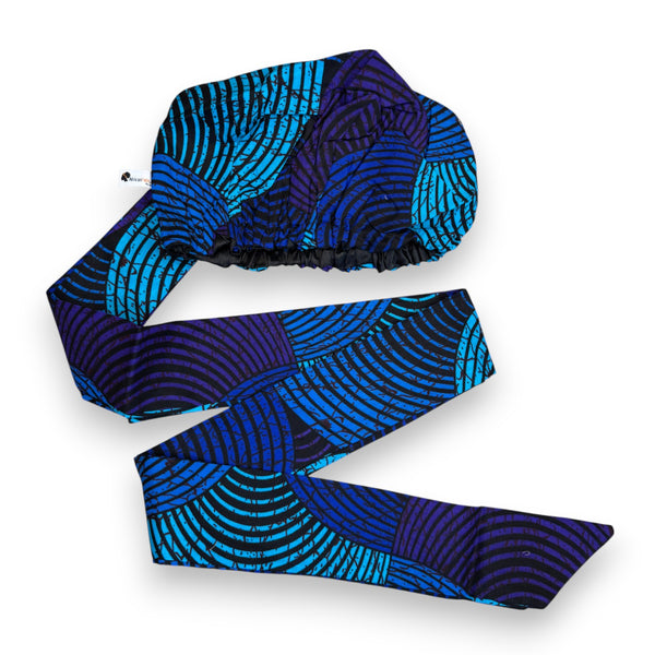 XL Easy headwrap - Satin lined hair bonnet - Blue Turquoise Concentric Circle Design