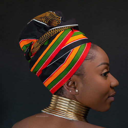 XL Easy headwrap - Satin lined hair bonnet - Black Pan Africa Kente