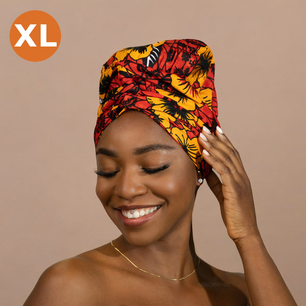 XL Easy headwrap - Satin lined hair bonnet - Red Flowers