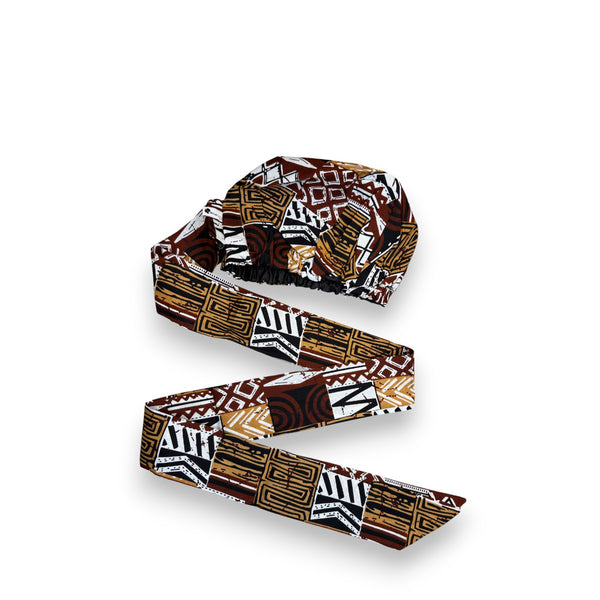XL Easy headwrap - Satin lined hair bonnet - Brown Bogolan Mosaic