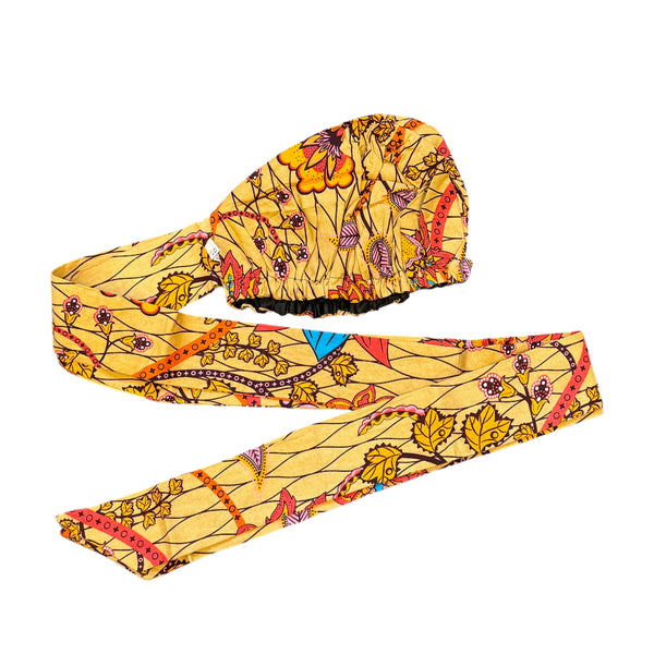 XL Easy headwrap - Satin lined hair bonnet - Beige Orange Botanical Flow