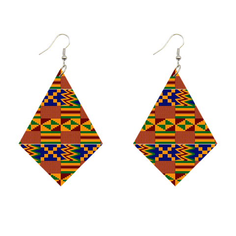 African Print Earrings | Rhombus shaped Kente print wooden earrings