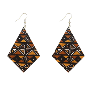 African Print Earrings | Rhombus shaped brown wooden earrings