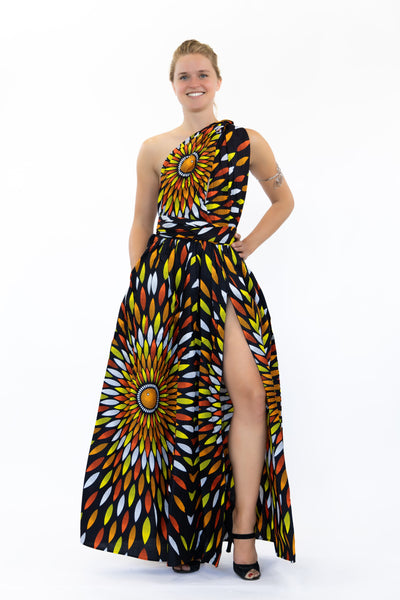 African Print Black / Yellow sunburst Infinity Multiway Maxi Dress