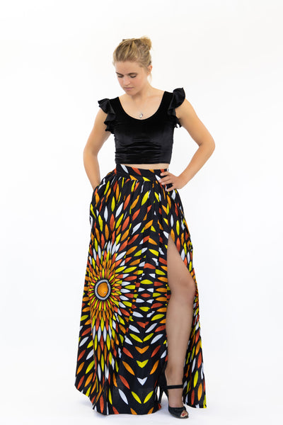African print maxi skirt - Black / Yellow sunburst