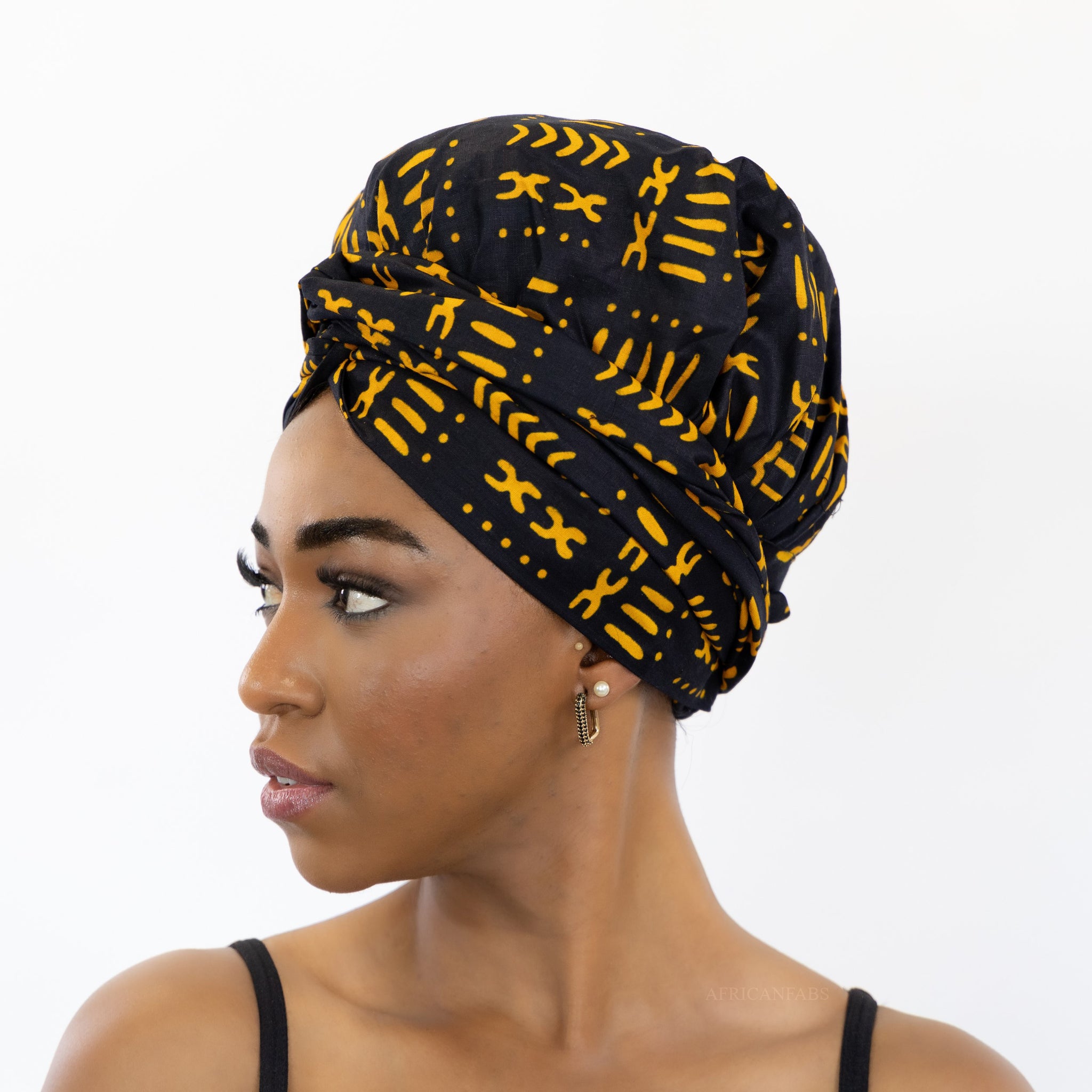 Easy headwrap - Satin lined hair bonnet - Black / yellow Bogolan