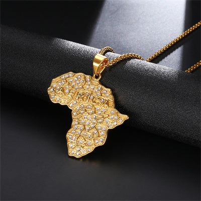 Necklace pendant African continent with diamond look stones Gold