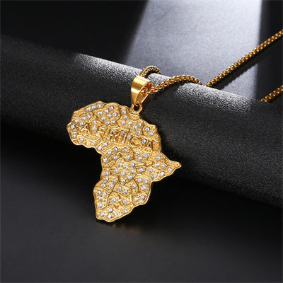 Necklace / pendant - African continent with diamond look stones - Gold