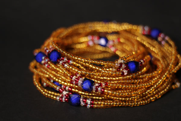 3 in 1 Waist Beads / African Hip Chain - IYORE- Blue / Gold (elastic)