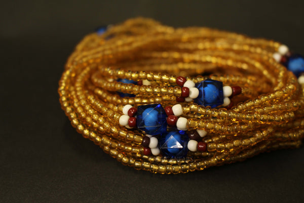 3 in 1 Waist Beads / African Hip Chain - EPA - Blue / gold (elastic)