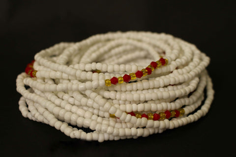 Waist Beads / African Waist Chain - ADU - White / red (elastic)