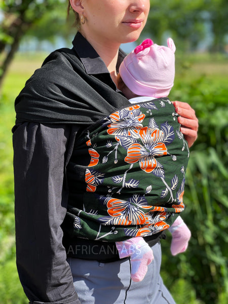 African Print Baby Carrier / Baby sling / baby wrap - Dark green Orange flowers - gold embellished