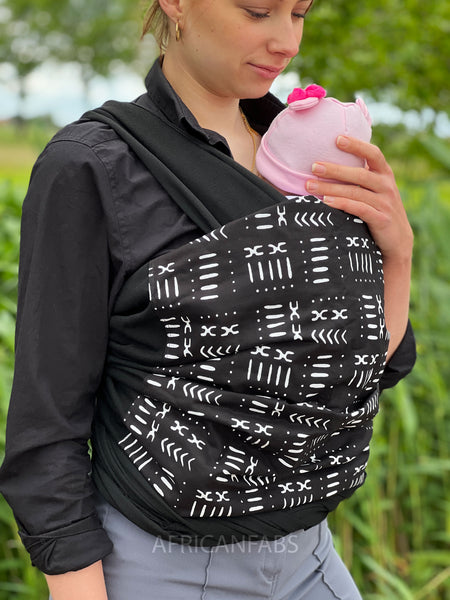 African Print Baby Carrier / Baby sling / baby wrap - Black / white mud