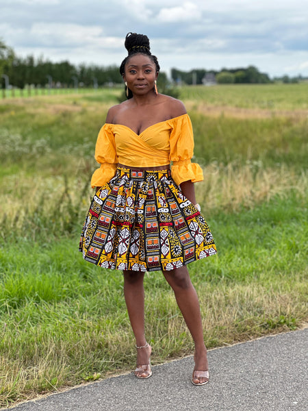 African print mini skirt - Yellow Bogolan / mud cloth