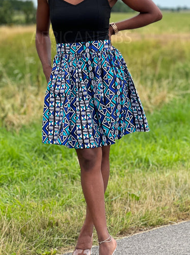 African print mini skirt - Blue / Turquoise Bogolan / Mud cloth