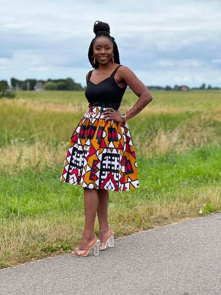 African print Mustard / Red Samakaka Midi Skirt