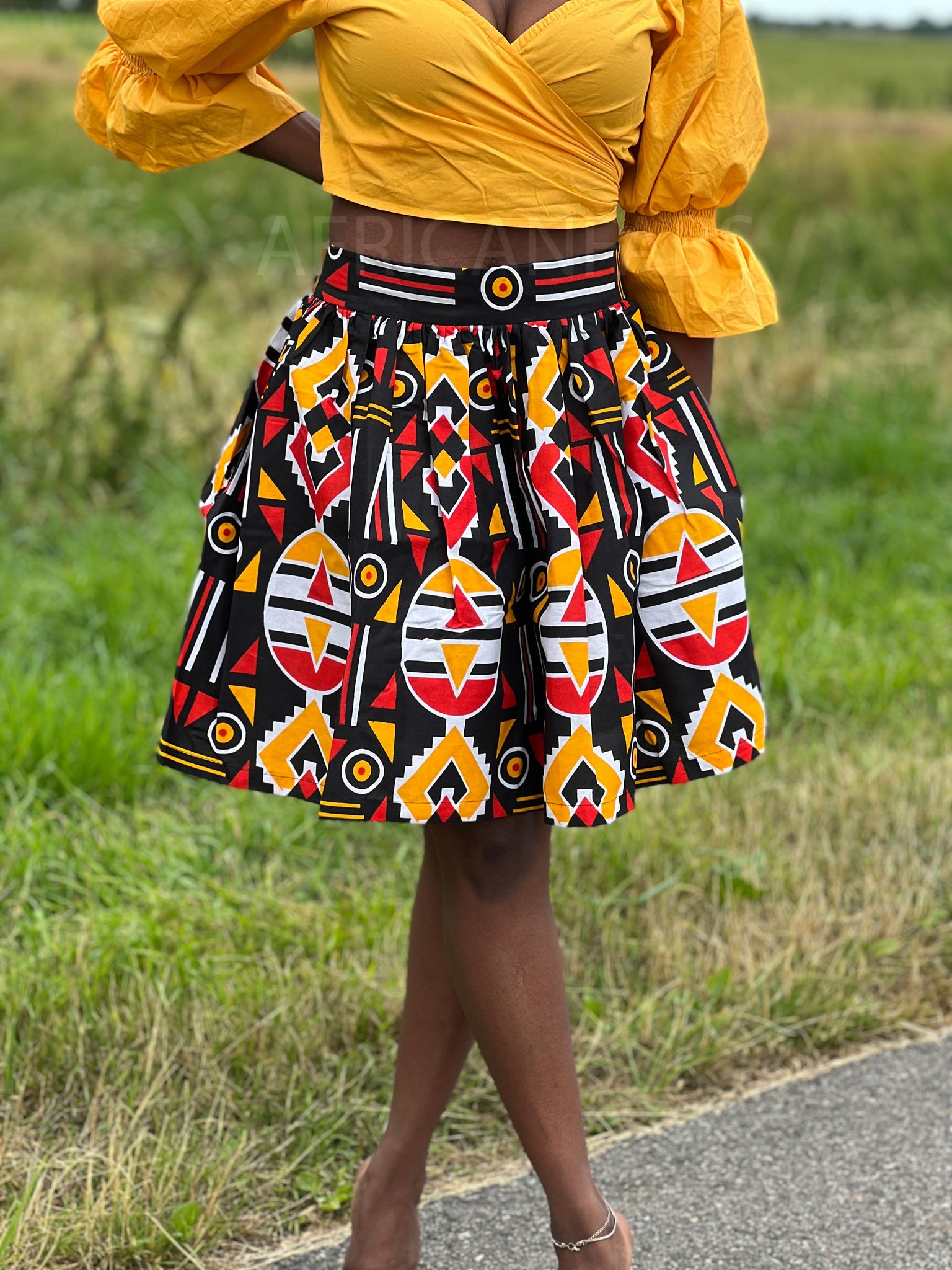 African print mini skirt - Red Yellow Bogolan / Mud cloth â€“ AfricanFabs