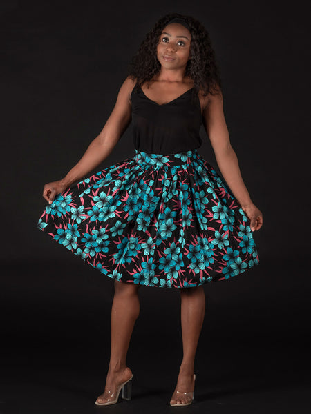African print Black / Blue flowers Mini Skirt