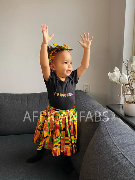 African print Kids Skirt + Headtie with Bow set in Kente print ( 1 - 10 years )